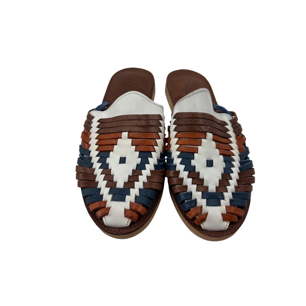Espiritu Womens Woven Leather Huarache Slide Sandals Blue Brown White Size 9